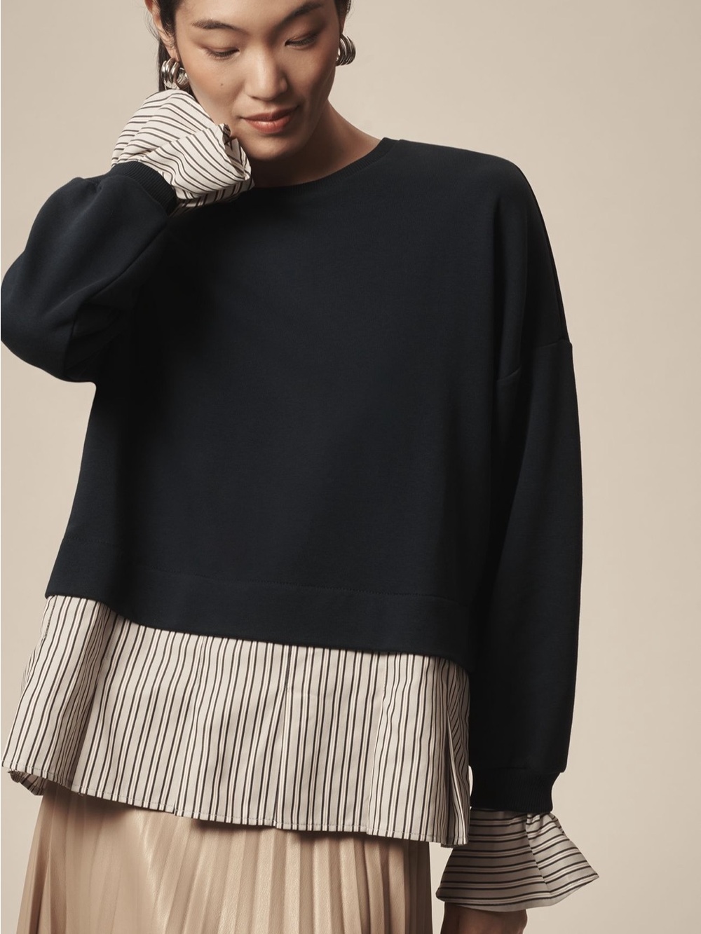 Anthropologie Maeve Striped Trim Twofer Sweatshirt